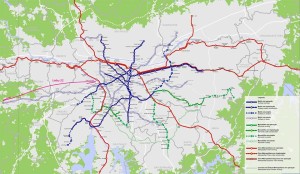 Mapa metroferroviário da RMSP com projeção de futuras linhas. A linha 22 destacada no lado esquerdo (CPTM/Metrô 2015)