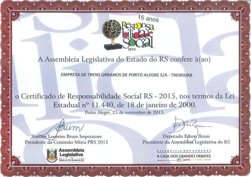 Leia mais sobre o artigo Trensurb recebe certificado de responsabilidade social da Assembleia Legislativa