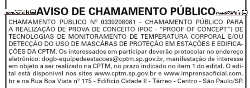 Leia mais sobre o artigo CPTM abre chamamento para medição e temperatura e detecção de máscaras nos passageiros