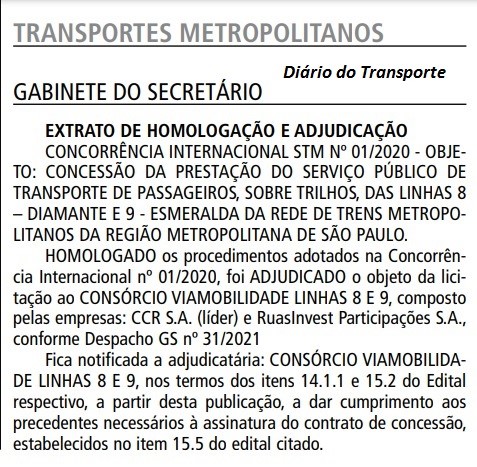 Leia mais sobre o artigo Governo de São Paulo homologa CCR e Ruas como vencedores da licitação das linhas 8-Diamante e 9-Esmeralda
