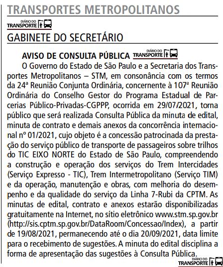 Leia mais sobre o artigo Governo Doria abre consulta pública sobre concessão do Trem Intercidades São Paulo-Campinas e linha 7 da CPTM