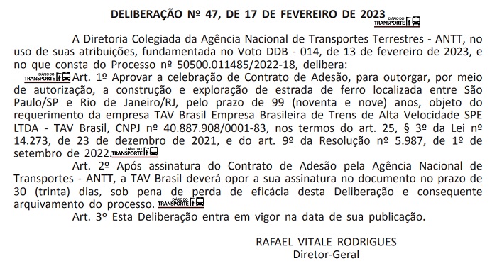 Leia mais sobre o artigo Autorização ferroviária da TAV Brasil é a 39ª autorizada pela ANTT