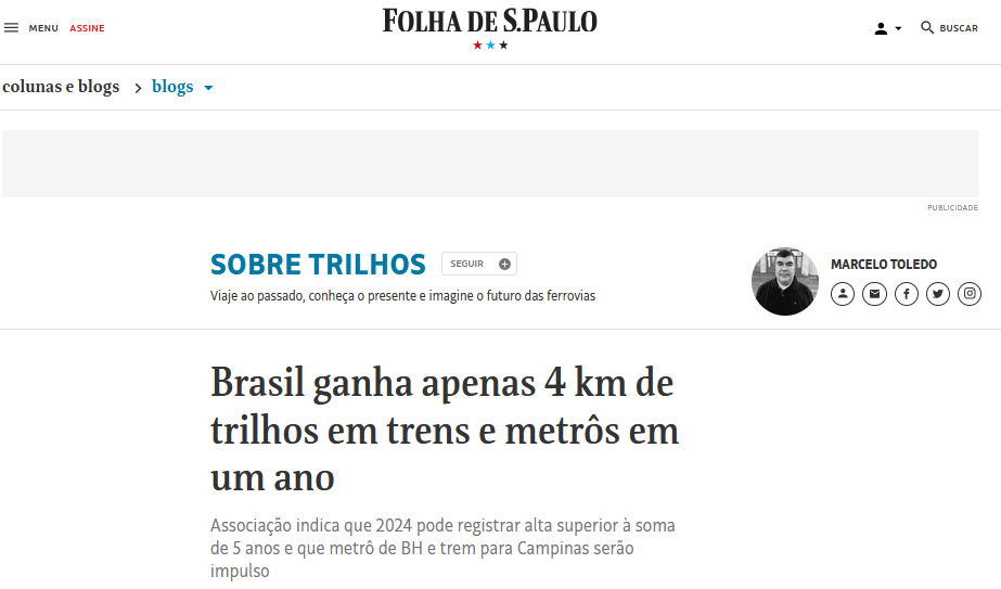 Leia mais sobre o artigo ANPTrilhos na Mídia | Brasil ganha apenas 4 km de trilhos em trens e metrôs em um ano